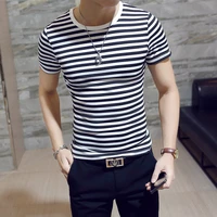 summer youth black and white stripe mens t shirts leisure simplicity slim short sleeve crew neck elastic force