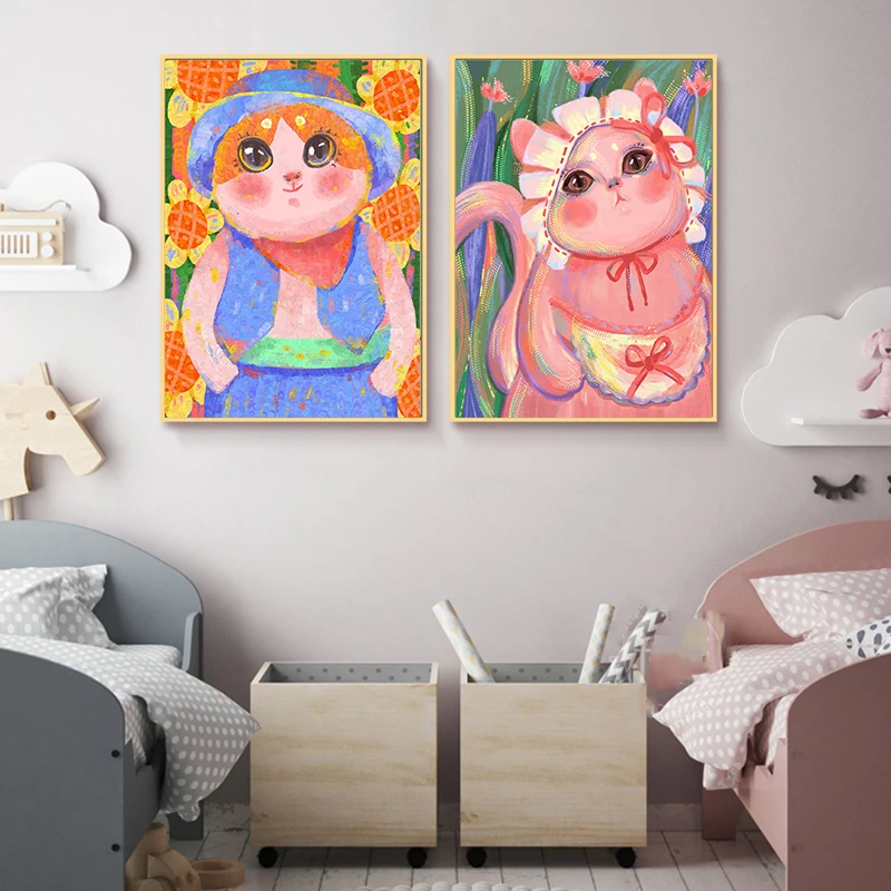 Минималистичный скандинавский стиль Kawaii кошка девушка и цветок художественные
