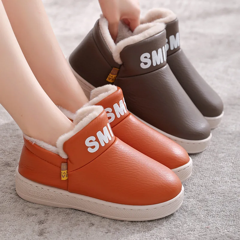 

Women Plush Slippers 36-47 Plus Size V-Open High-top Waterproof Winter Outside Warm Insole Anti-splash Surface Men Snow Shoes