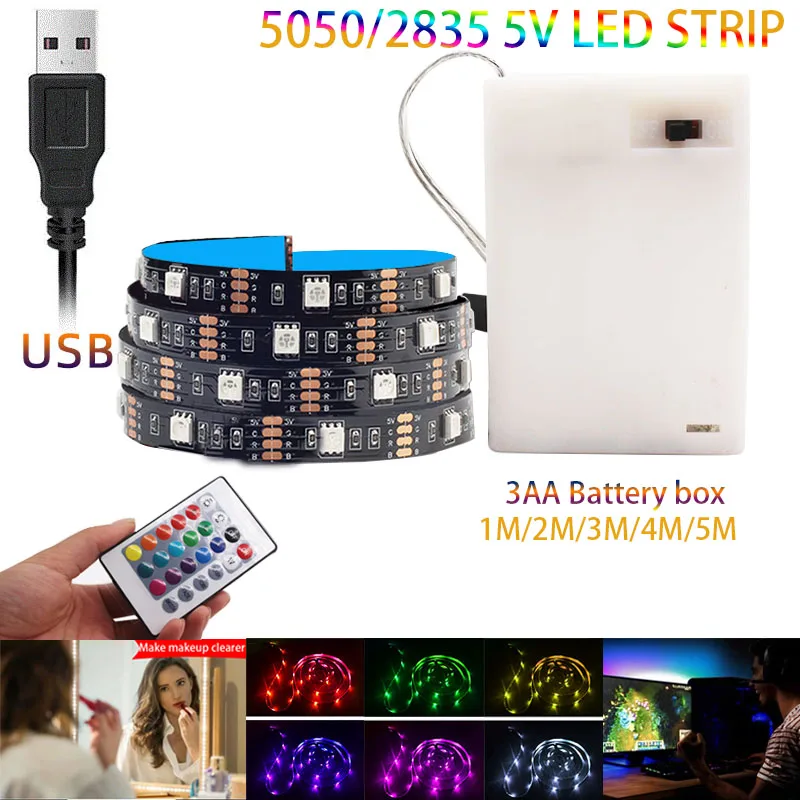 Фото Светодиодная ленсветильник 2835SMD DC5V гибкая 5050 лампа лента RGB для аккумулятора LED