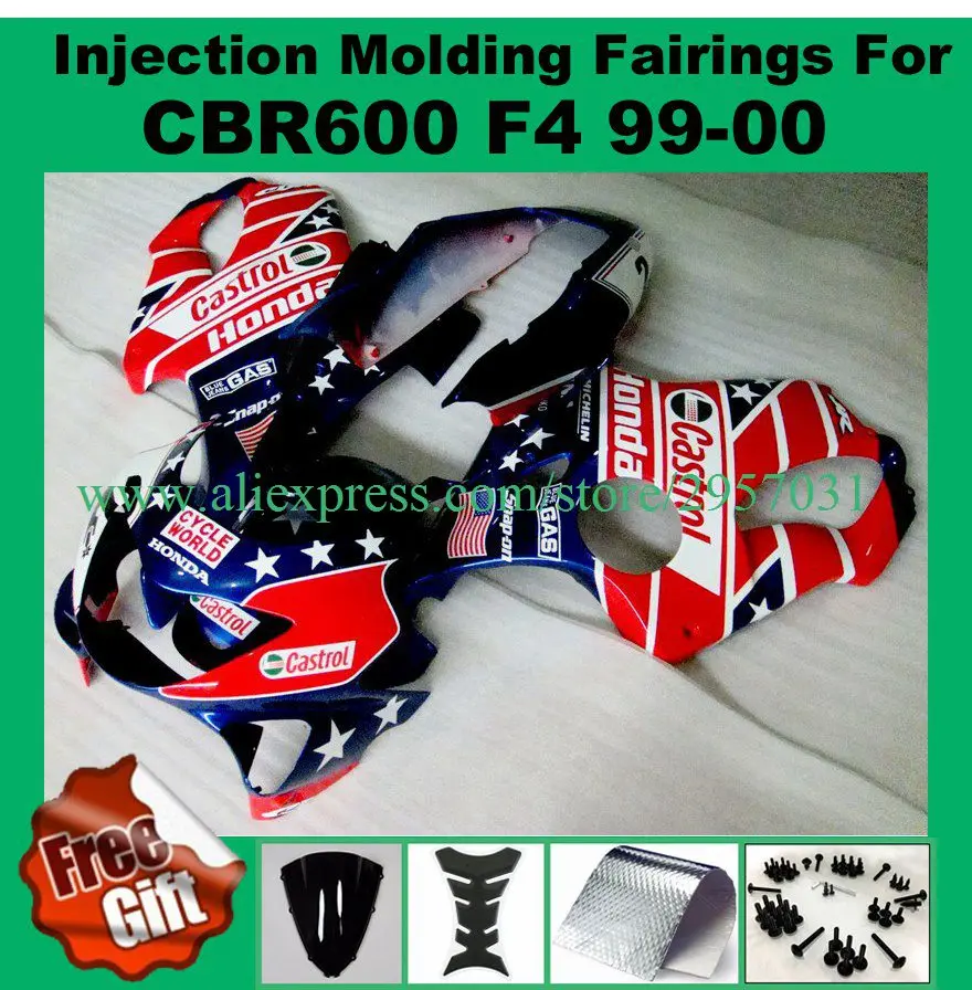 

Free screws+gifts Fairing kit for HONDA INJECTION mold CBR 600 F4 fairings 1999 2000 Blue Red Star O34 CBR600 99 00