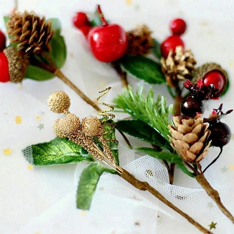5pcs Artificial Flower Red Christmas Berry And Pine Cone Picks With Holly Branches For Holiday Floral Decor Crafts | Дом и сад