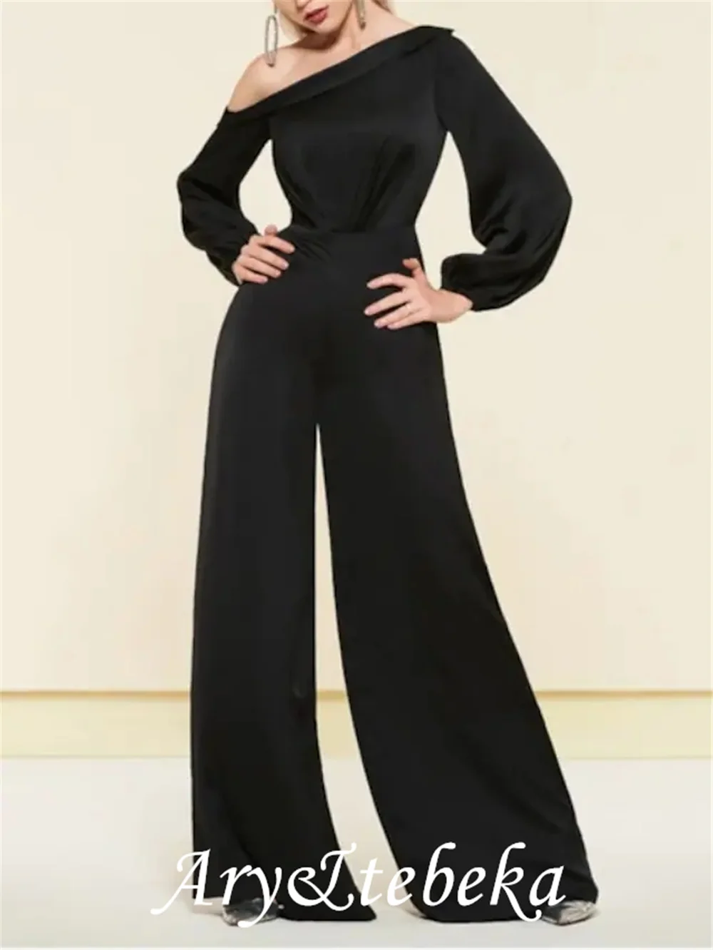 

Jumpsuits Minimalist Elegant Wedding Guest Formal Evening Dress One Shoulder Long Sleeve Floor Length Satin with Sleek 2021