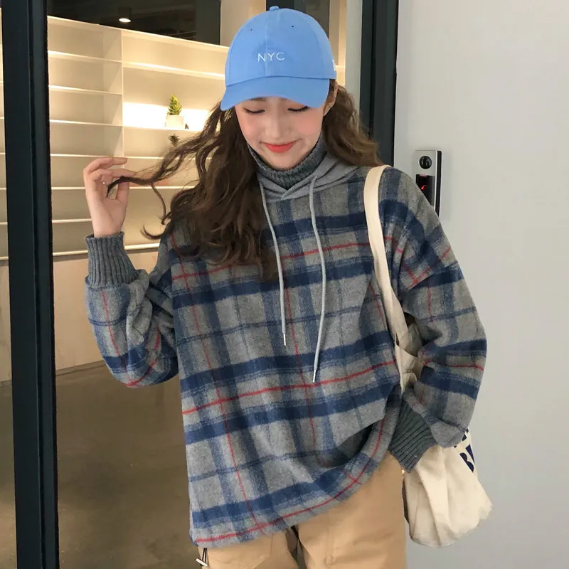 Толстовка в клетку с высоким воротником и капюшоном Корейская толстовка
