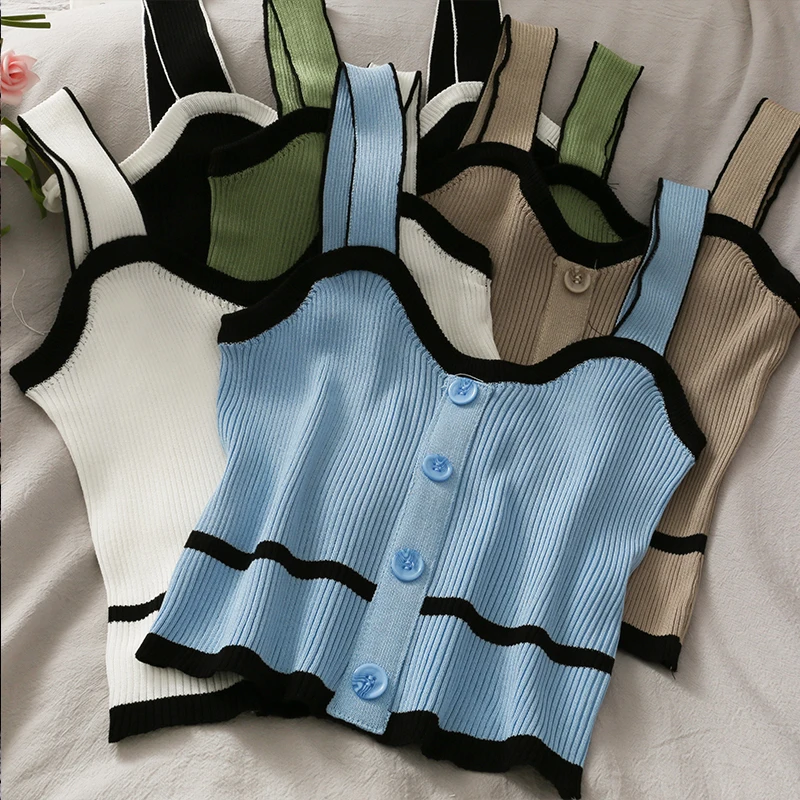 

Color Block summer crop top women Spaghetti Twill Strap Strapless Casual home Sleeveless Buttons Down tops for woman 2021