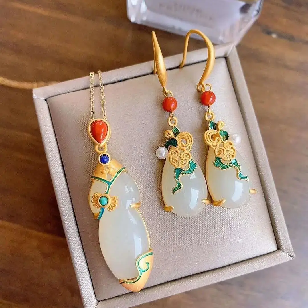 

Natural Hetian Jade Water Drop Earrings Vintage Ethnic Style Chinese Style Han Costume Classical Sterling Silver Gilding Ruyi