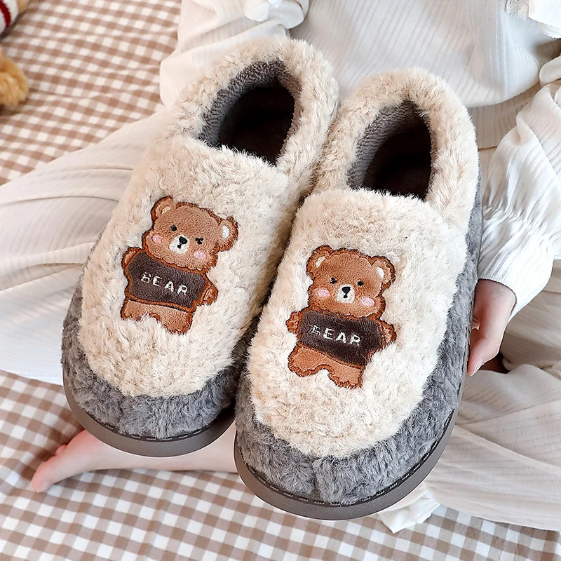 

Winter Cartoon Bear Women Furry Slippers Wool Home Shoes EVA Platform Slient Men Flat Shoes Pantuflas de mujer Christmas