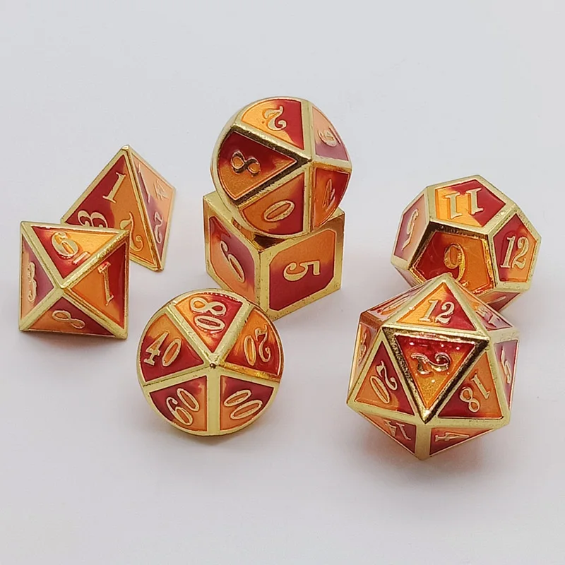 

DnD Math Teaching RPG Dice Set D4 D6 D8 D10 D12 D20 Red and Orange Metallic Dice