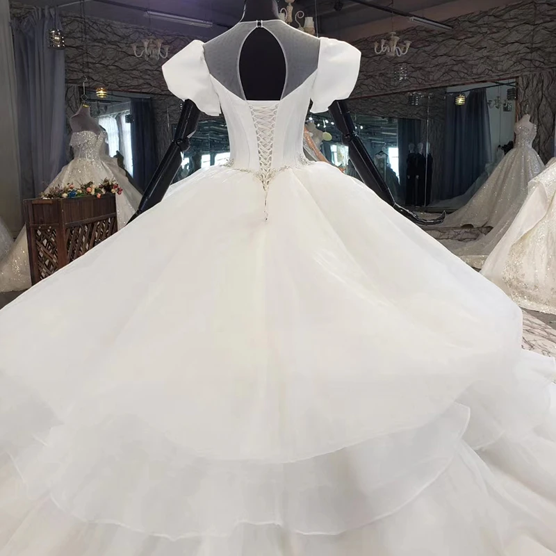 

HTL1582 Pure White Tulled Wedding Dresses 2020 O-Neck Short Puff Sleeve Sequined Beading Ball-Gowns