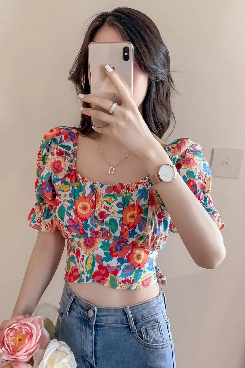 

COIGARSAM Fashion Chiffon blouse women Summer Puff Sleeve blusas womens tops and blouses White Red Flowers 060