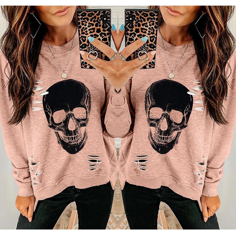 Женская футболка с принтом скелета свободная повседневная длинным рукавом и