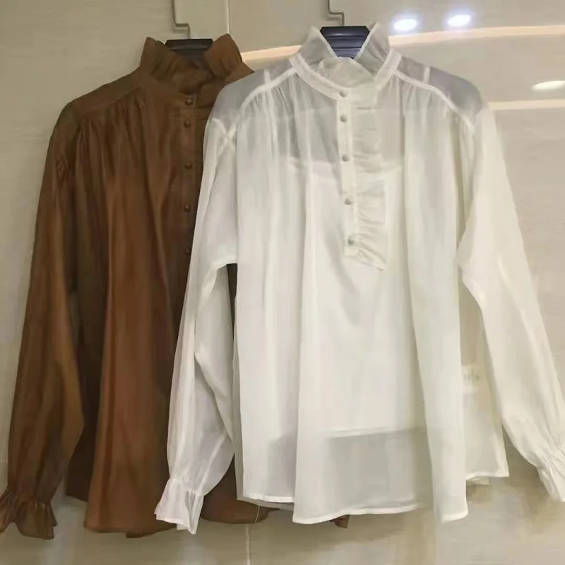 

2021 Spring Summer Fashion Silk Blouses High Quality Women Ruffled Collar Vintage Buttons Up Long Sleeve White Brown Shirt 2pc