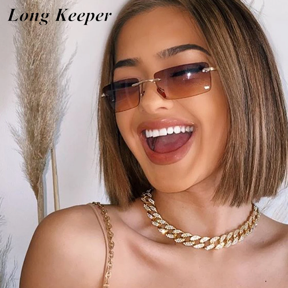 

LongKeeper Rimless Sunglasses Women Luxury Brand Design Vintage Rectangle Sun Glasses Ladies Retro 90s Eyeware Shades UV400