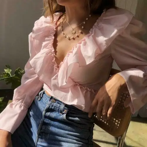 

Womens Lady Fashion Ruffled V-Neck Crop Top Long Puff Sleeve Blouse Tops Fashion Summer Blouses Streetwear