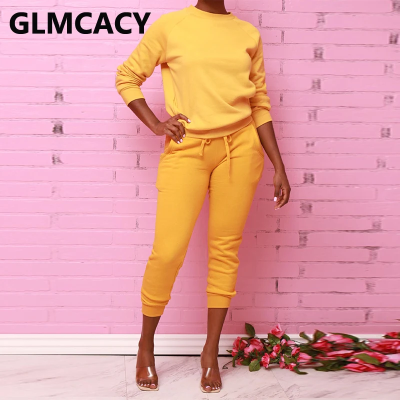 

Women Two Piece Solid Tracksuits Casual O Neck Sweatshirt & Slim Pants Set