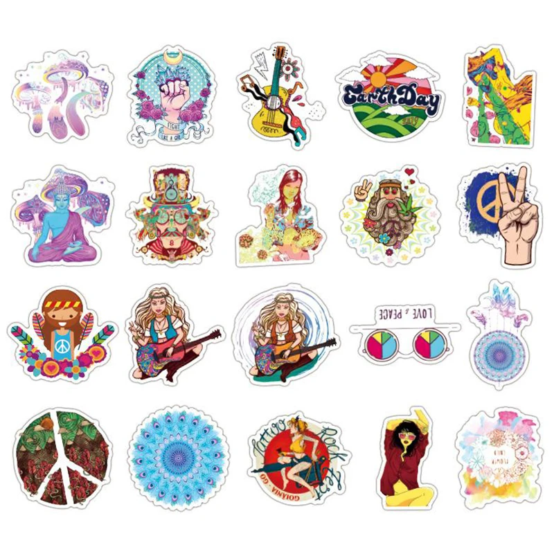 

50Pcs Retro Hippies Stickers Waterproof Laptop Skateboard Luggage Guitar Sticker