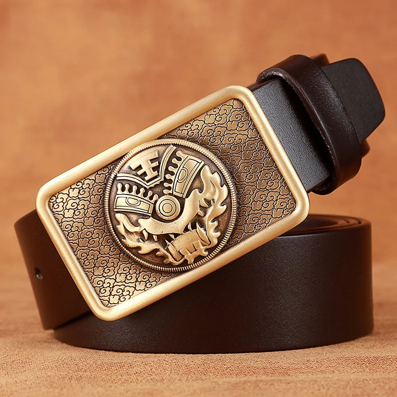

2021 New Retro Totems Man Designer Belt Cephalic Layer Cowhide Copper Buckle Chinese Dragon Superior Quality Casual Pants Belt