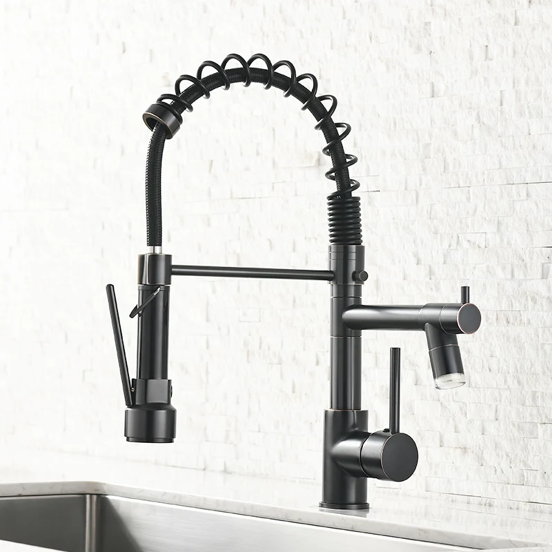 Светодиодный кухонный смеситель FLG пружинный Выдвижной латунный кран черного