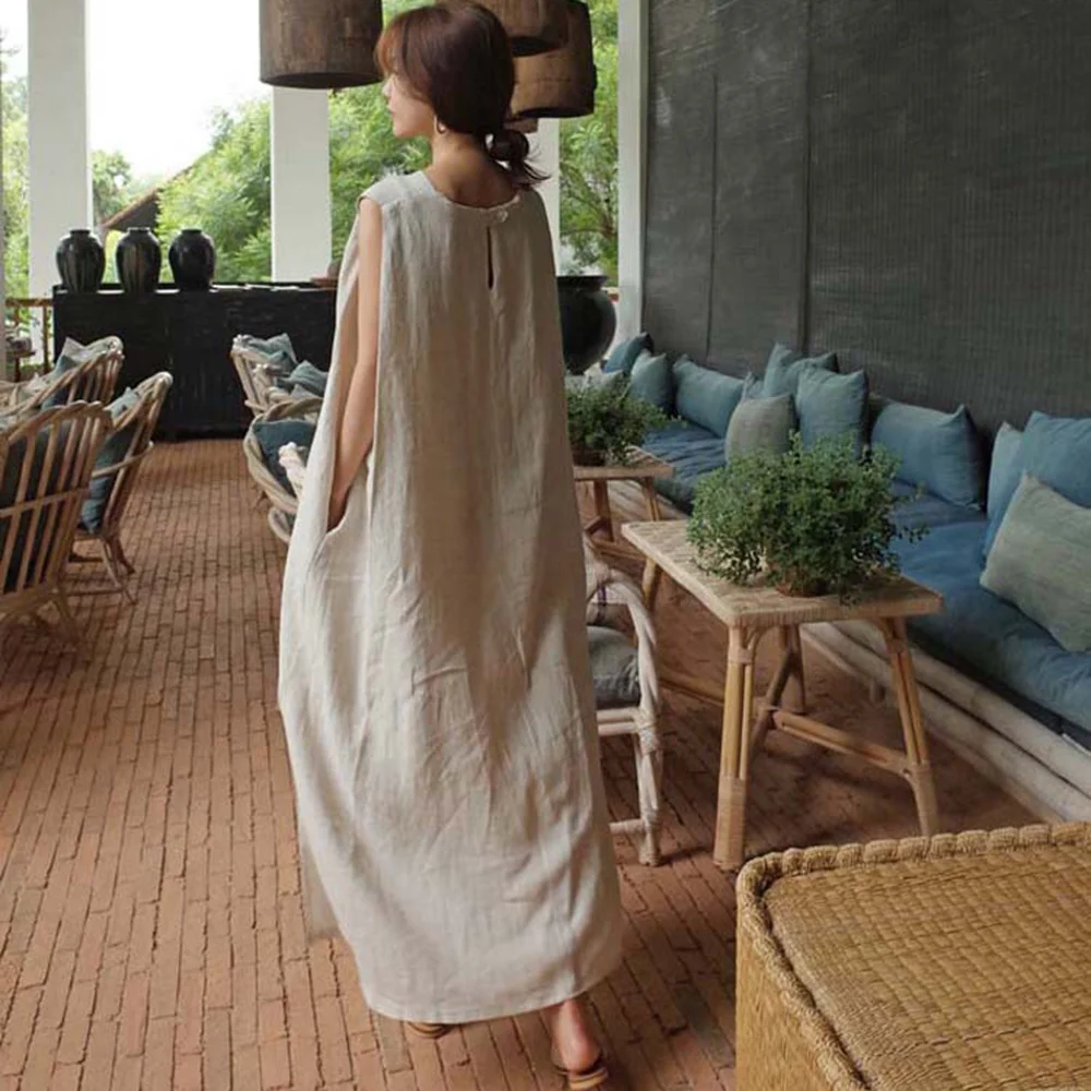 

Fashion Casual Temperament Summer Women's Dress 2021 Loose Simple Thin Split Fork Oversize Solid Color Round Neck Vest Dress