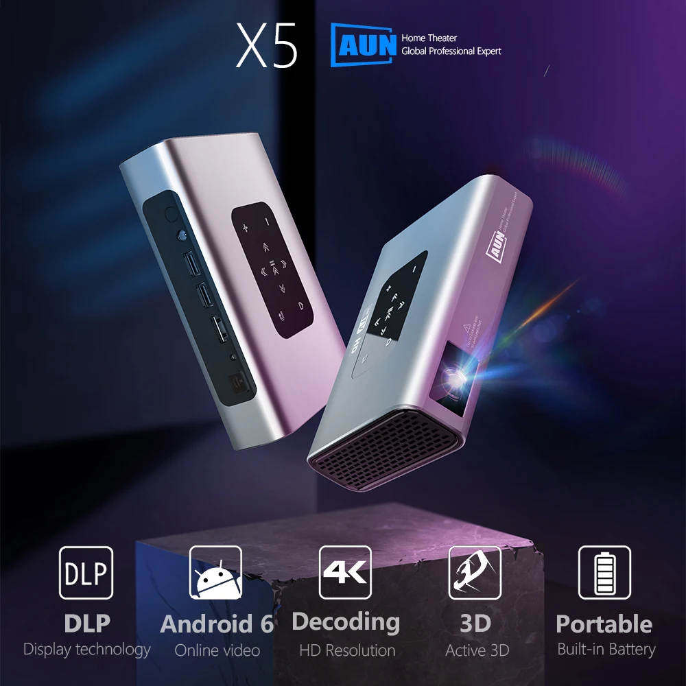 

Проектор X5 4K AUN Android WIFI 3D 300 дюймов 1080P DLP мини портативный видеопроектор для дома умный лазерный проектор 10500 мАч Batte
