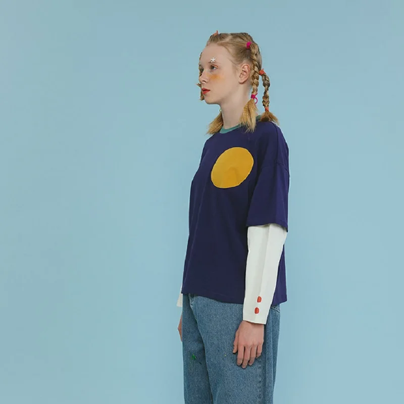 Повседневная Женская хлопковая футболка с длинным рукавом мультяшная цветная