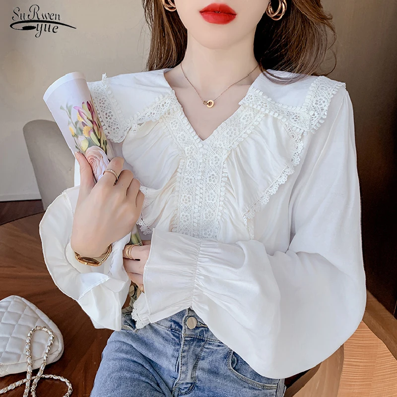 

2022 Autumn V-neck Lace Stitching Elegant Woman Blouses Flared Sleeve Ruffled Chiffon Shirt Women White Crochet Loose Tops 15766
