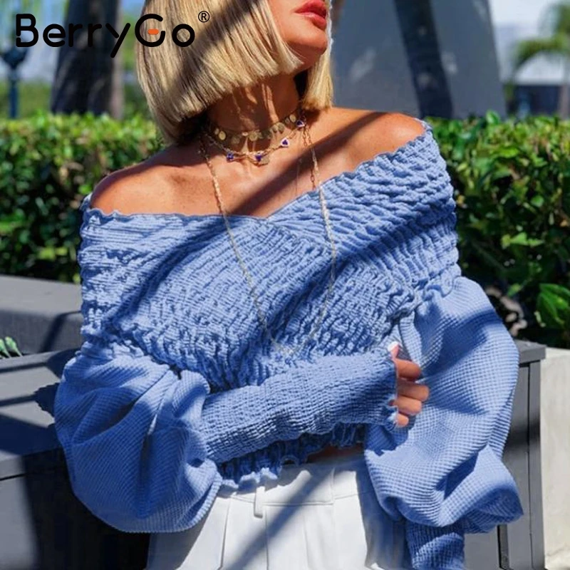 BerryGo сексуальная женская блузка с открытыми плечами элегантная рубашка пышными