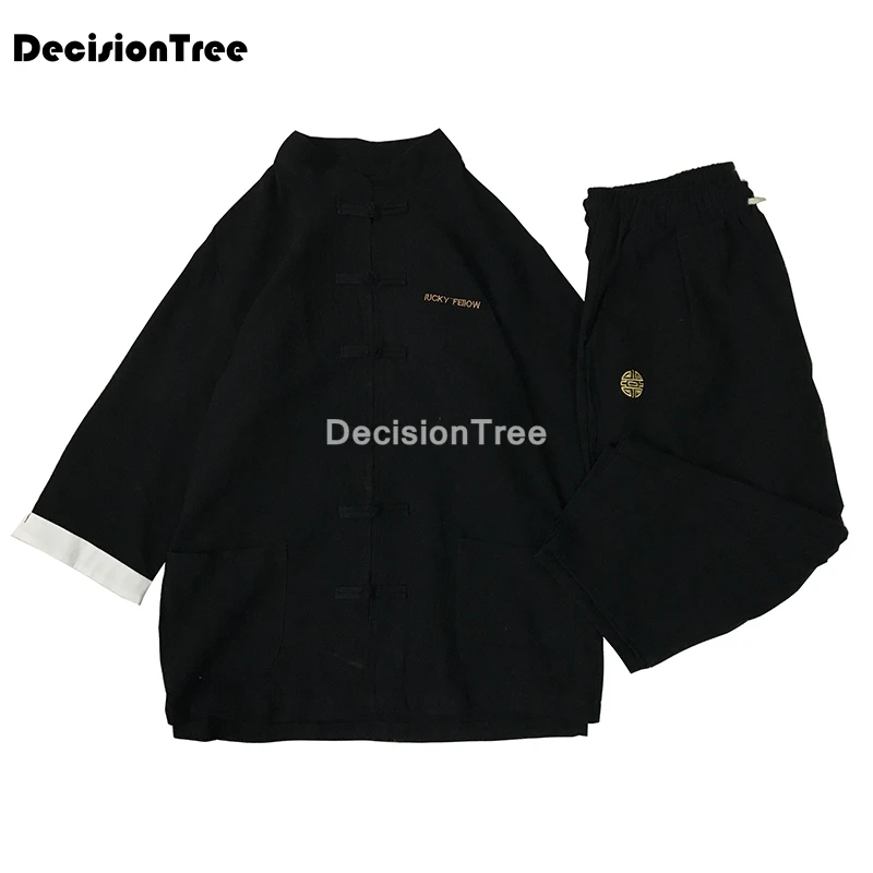 

2021 chinese style men linen tang suit short sleeve top+pants clothing set oriental costumes kung fu set asian taichi tang suit