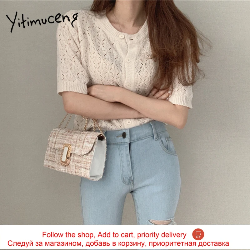 

Yitimuceng Open Stitch Women Sweaters Hollow Out Button Up Straight 2021 Summer Korean Fashion Apricot Light Purple Knited Tops