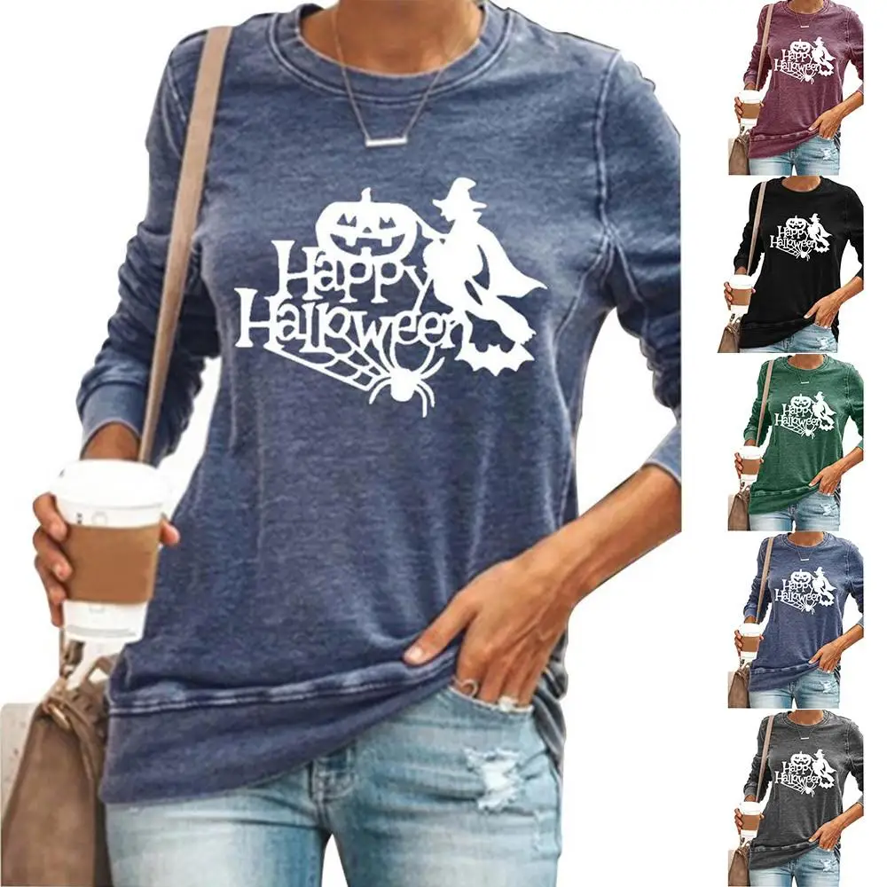 

Women Halloween Print Round Neck T-shirt Long Sleeve Casual Loose Pullover