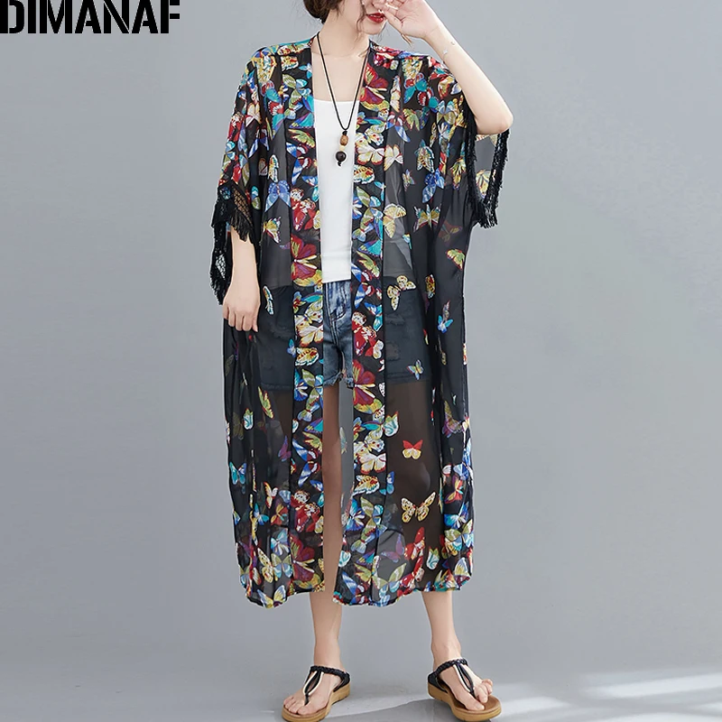 

Женская шифоновая блуза DIMANAF, длинный кардиган свободного кроя с кисточками на рукавах и принтом размера плюс, Повседневная пляжная одежда ...