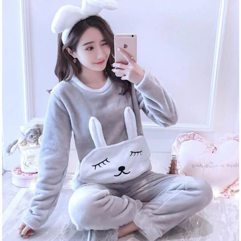 Теплый Женский пижамный комплект на осень и зиму пижама с длинными рукавами