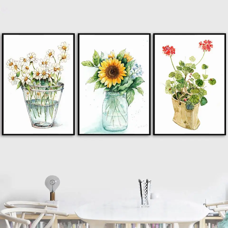Sunflower Daisy Nordic Style Art Flowers Green Potted Plant Painting living Room Wall Canvas Print Nord Home Decor Sacred Simple | Дом и сад