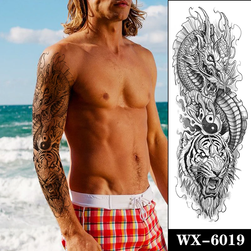 

Full Arm Temporary Tattoo Stickers Kirin Tiger Eight Trigrams of Taiji Totem Fake Tatoo Waterproof Flash Tatto Art for Woman Men