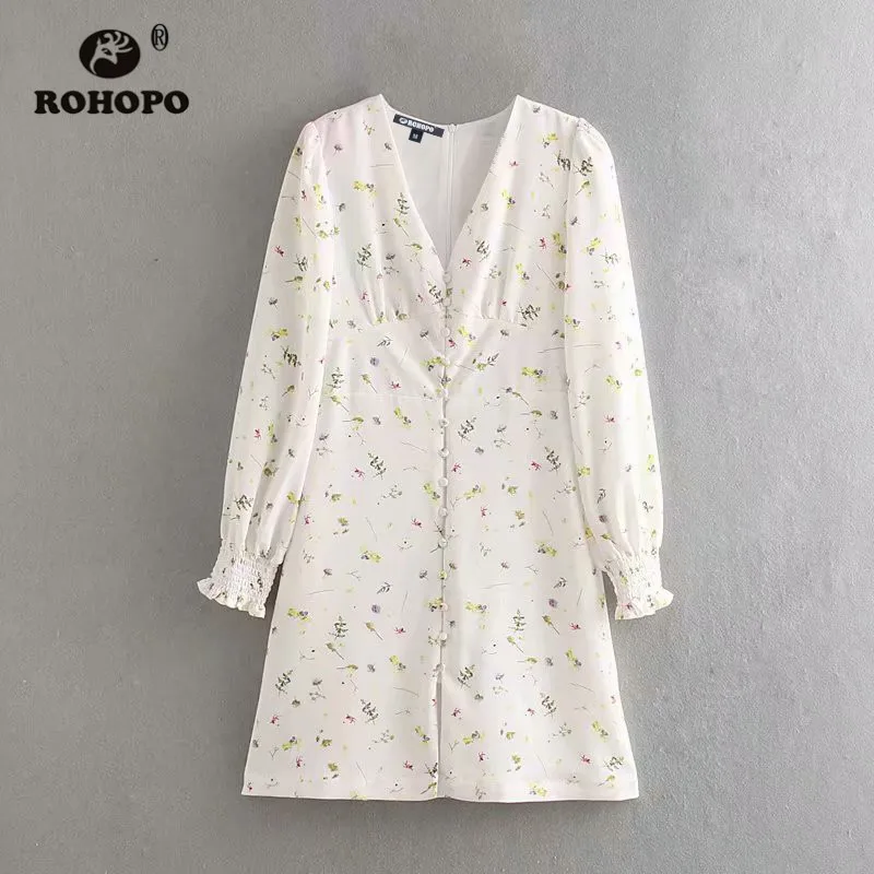 ROHOPO лавандовое цветочное Двухслойное прямое белое мини-платье с длинным рукавом