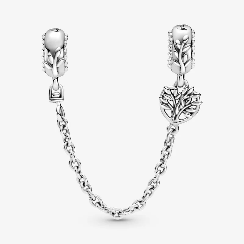 

Classic 2021 New 925 Sterling Silver Beads Heart Family Tree Safety Chain Charms Fit Original Pandora Bracelet Women DIY Jewelry