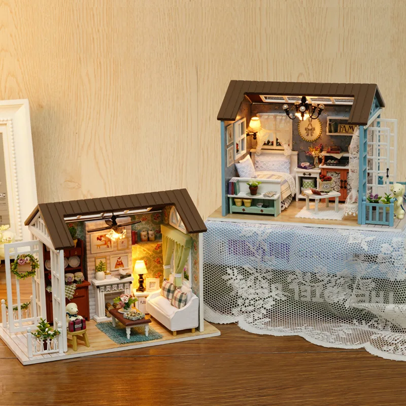 

Diy dollhouse American retro style miniature woooden doll house furniture Assemble handmade toys for Children Birthday Gifts