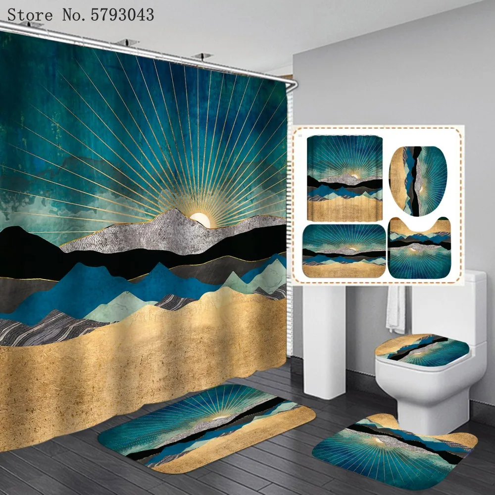Waves Shower Curtains High Mountain 3D Bathroom Curtain Set Sunset Sunrise Set WC Bathtub Screen Decor Shower Curtain Sets enlarge