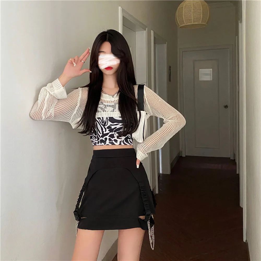 

High Street Summer Fashion Skirt Casual Hipster Simple Popular Designer Hollow Out Chain Solid Color High Waist Split Fork
