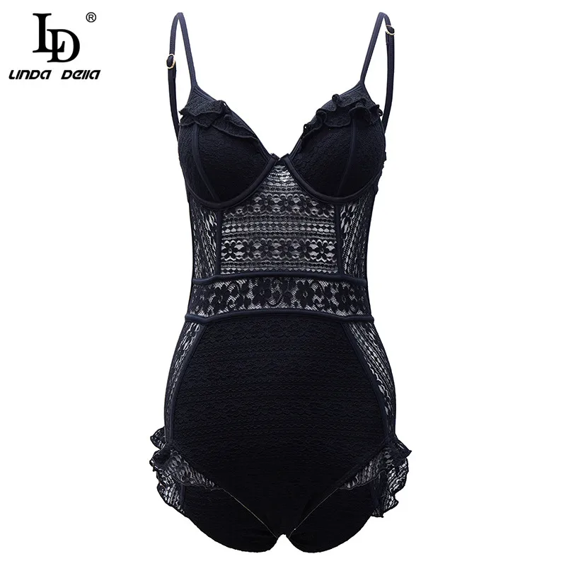 

LD LINDA DELLA 2021 Summer Women Black Sexy Hollow out Lace Backless Push Up Swimwear + Shawl