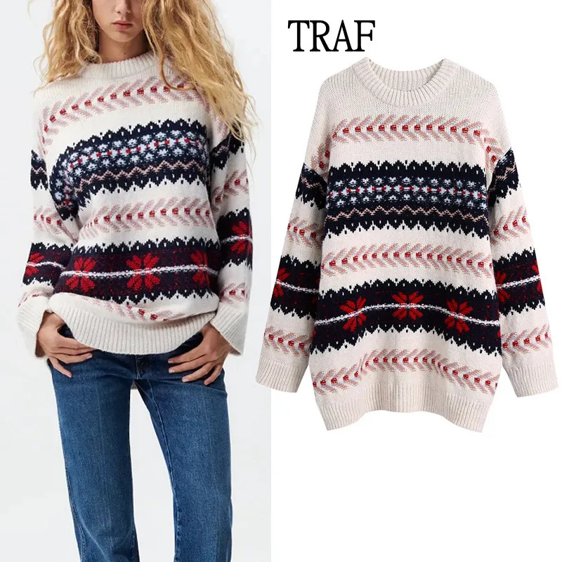 

TRAF Women Sweater Knitted 2021 Autumn Vintage Jacquard Oversized Sweater Loose Long Sleeve Women Pullovers Sweaters Chic Top
