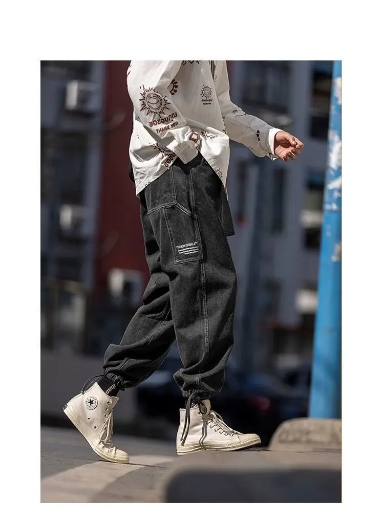 

Large size tooling jeans men's summer Japanese popular logo loose straight leg man beam foot leisure trousers