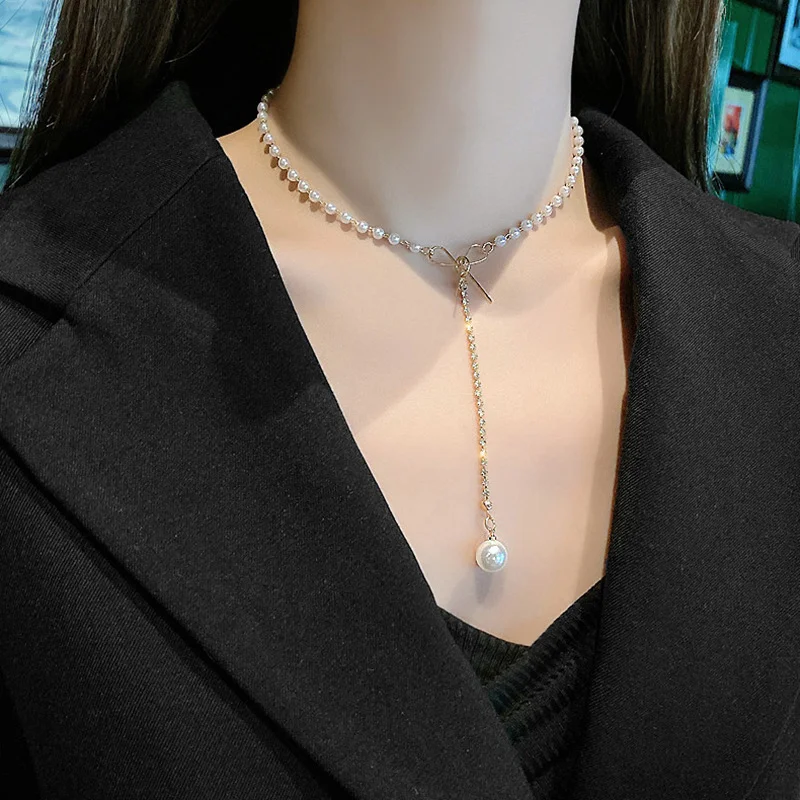 

2021Trend Temperament Bowknot Necklace Pearl Chain Clavicle Chocker Jewelry for Women Girl Bride Net Red