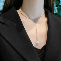 2021trend temperament bowknot necklace pearl chain clavicle chocker jewelry for women girl bride net red