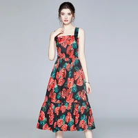 2020 new summer women dress high quality runway sweet anthurium flowers print big hem spaghetti strap slim long dress