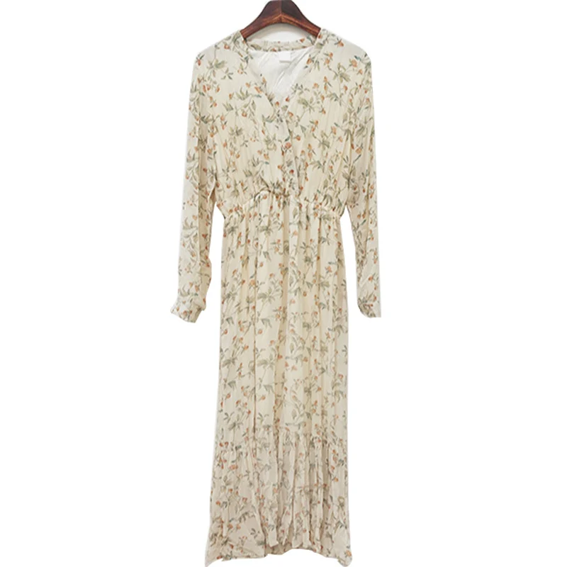 

BGTEEVER Elegant Ruched Floral Print Women Autumn Dress Sexy V-neck Full Sleeve Female Long Dresses 2020 Spring Chiffon Vestidos