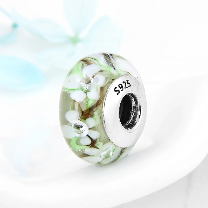 Silver 925 Poetic Green white Flower Murano Glass Beads Fit Original European Bracelet Charms Fashion Jewelry | Украшения и