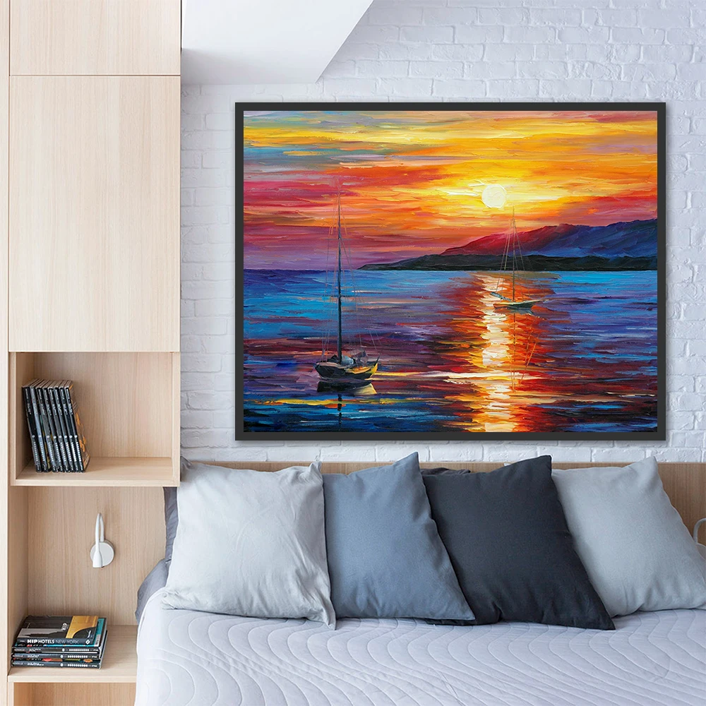 Настенные картины холст закат рассвет море лодка корабль гостиная плакат для