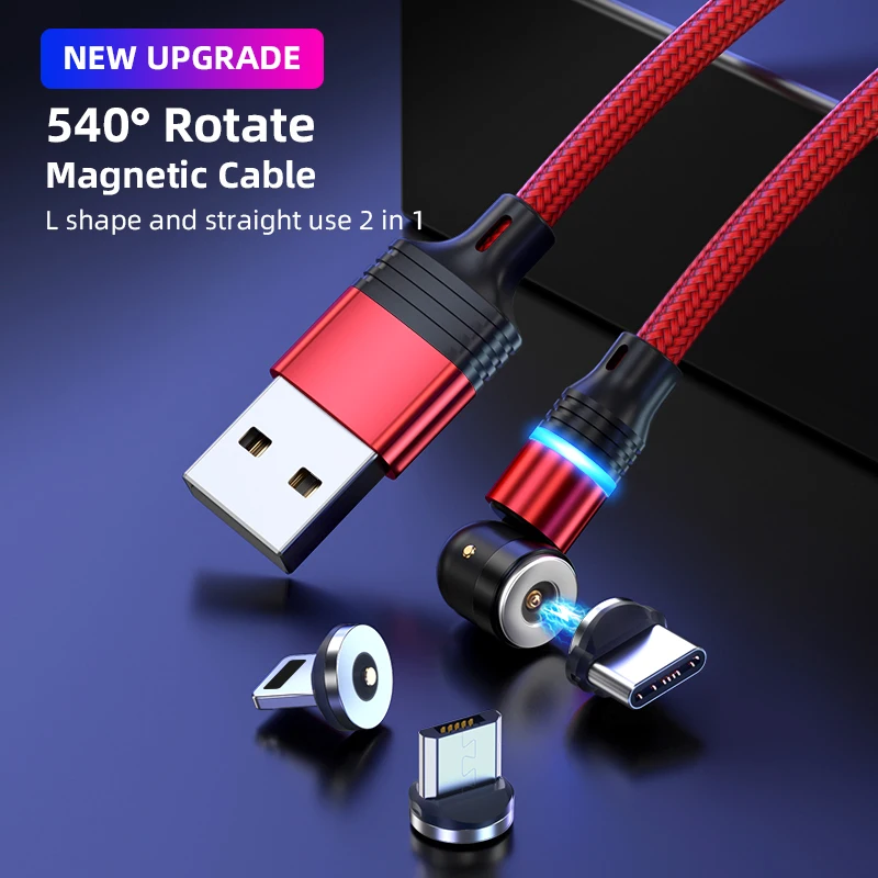 

540 Degree Rotate Magnetic LED Type C Cable Fast Charging Magnet Charger Micro USB-C Cable For iPhone Xiaomi Huawei Mobile Phone