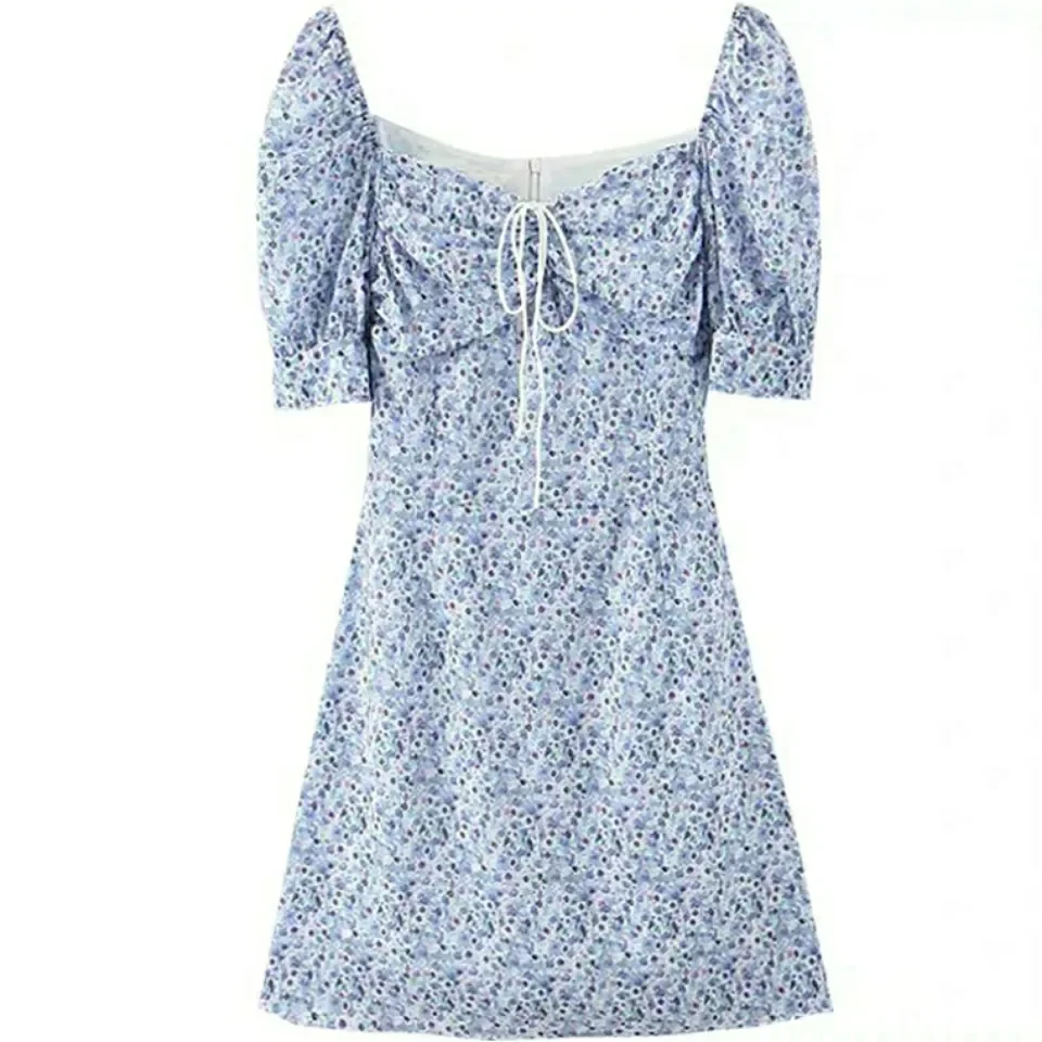

Summer New Puff Short Sleeve Women Dress Oil Floral Print Bow Square Collar Mini Dress Slim Fit Female Low-cut Sexy Dresses